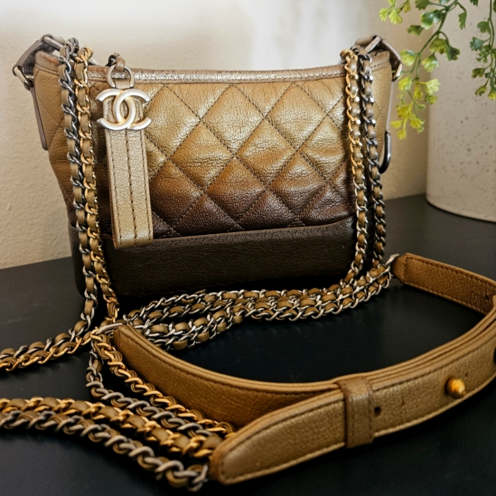 Chanel Gabrielle Hobo Ombre Gold Quilted Crossbody Bag with Chain Strap